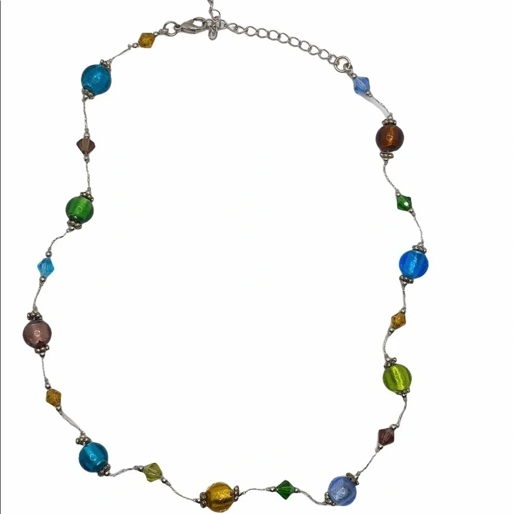 Necklace Glass Beads Silver Tone Chain 18.5” +3”